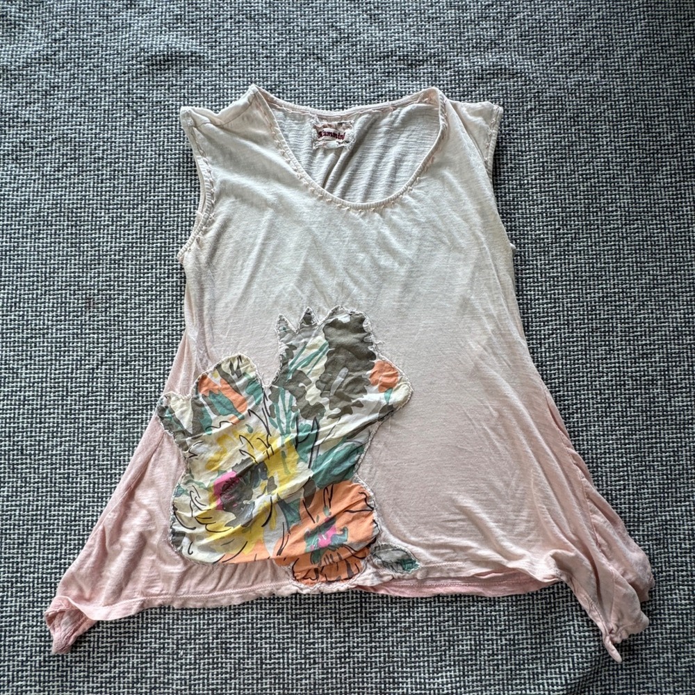 Hummingbird Pink Ombre Floral Applique Slub Knit Swing Tank Top Womens Small